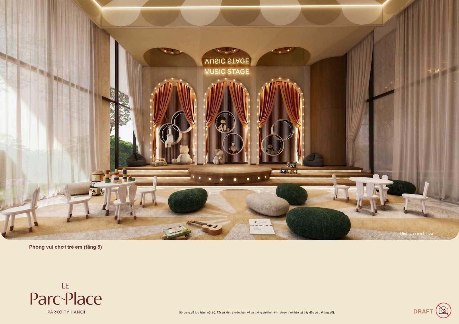 Phòng vui chơi trẻ em tầng 5 Le Parc Place với sân khấu âm nhạc