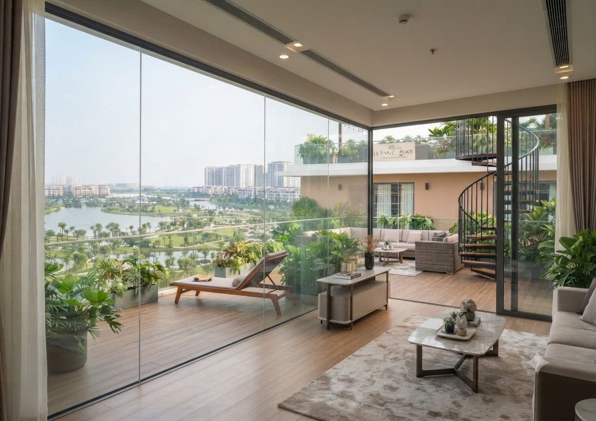 Sân vườn ban công Sky Villa Le Parc Place hướng hồ