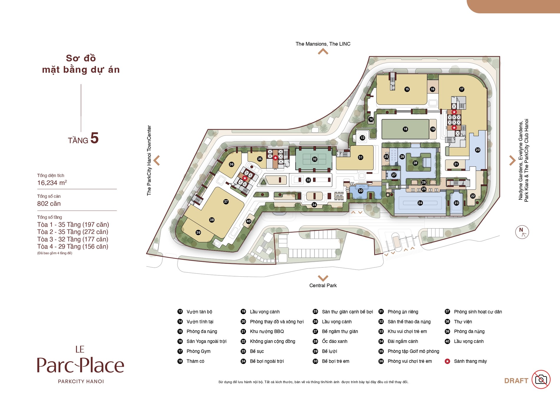 Sơ đồ tiện ích tầng 5 Le Parc Place — hồ bơi, gym, golf, khu trẻ em