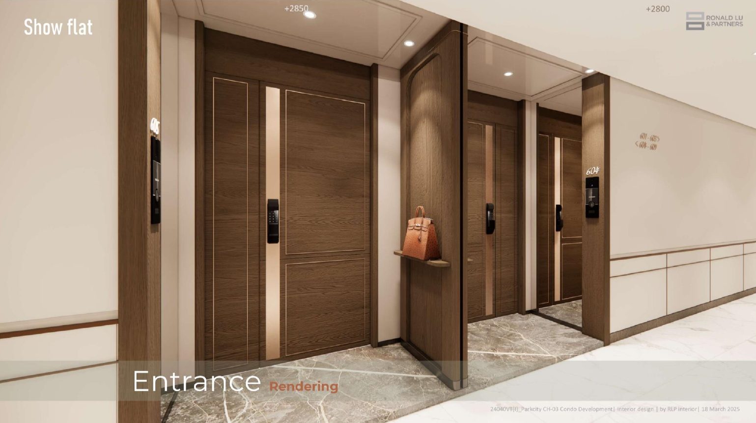 Nội thất bàn giao Le Parc Place - hệ cửa chính veneer và lối vào căn hộ nhà mẫu