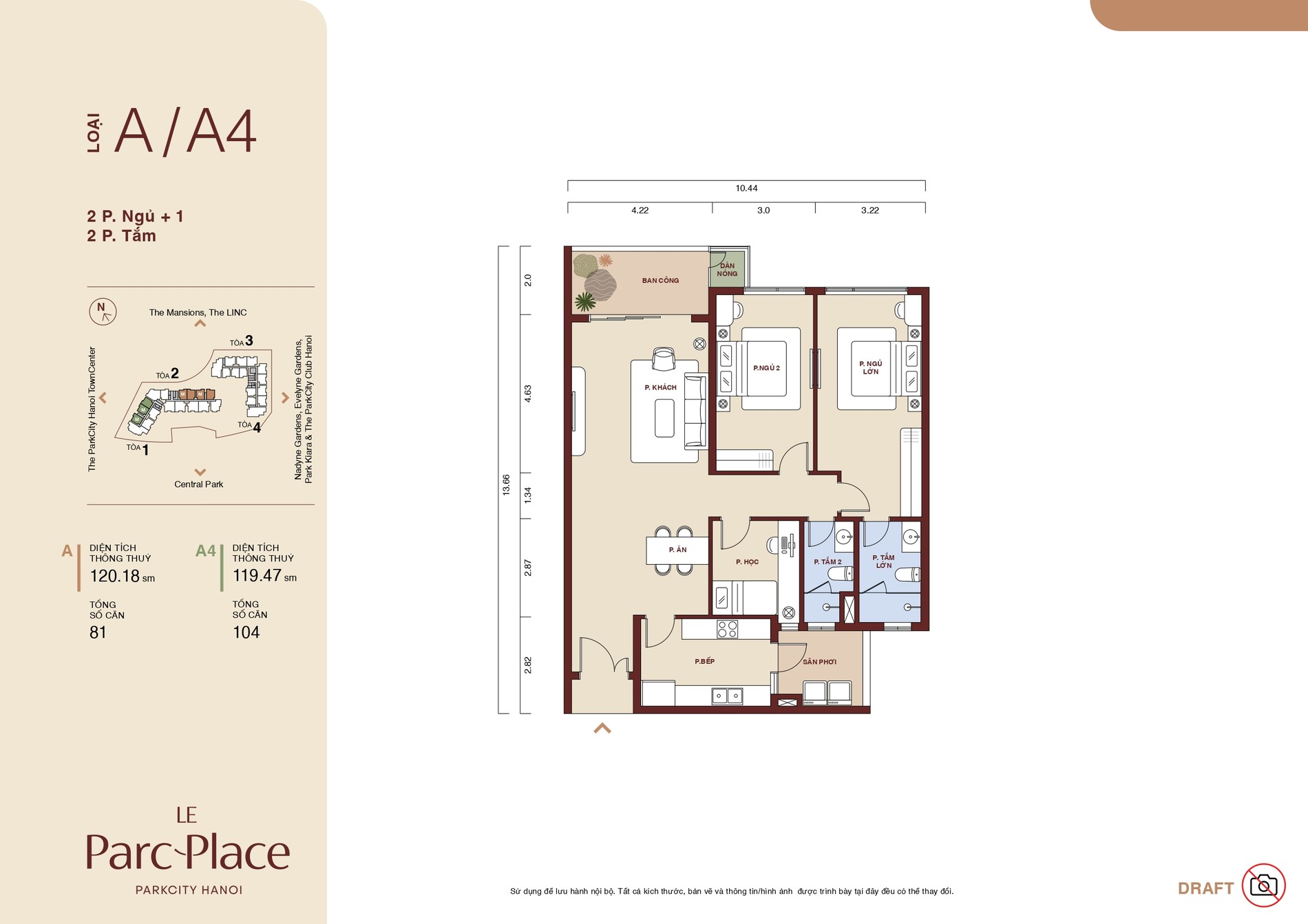 Mặt bằng căn hộ Loại A/A4 Le Parc Place 2 phòng ngủ
