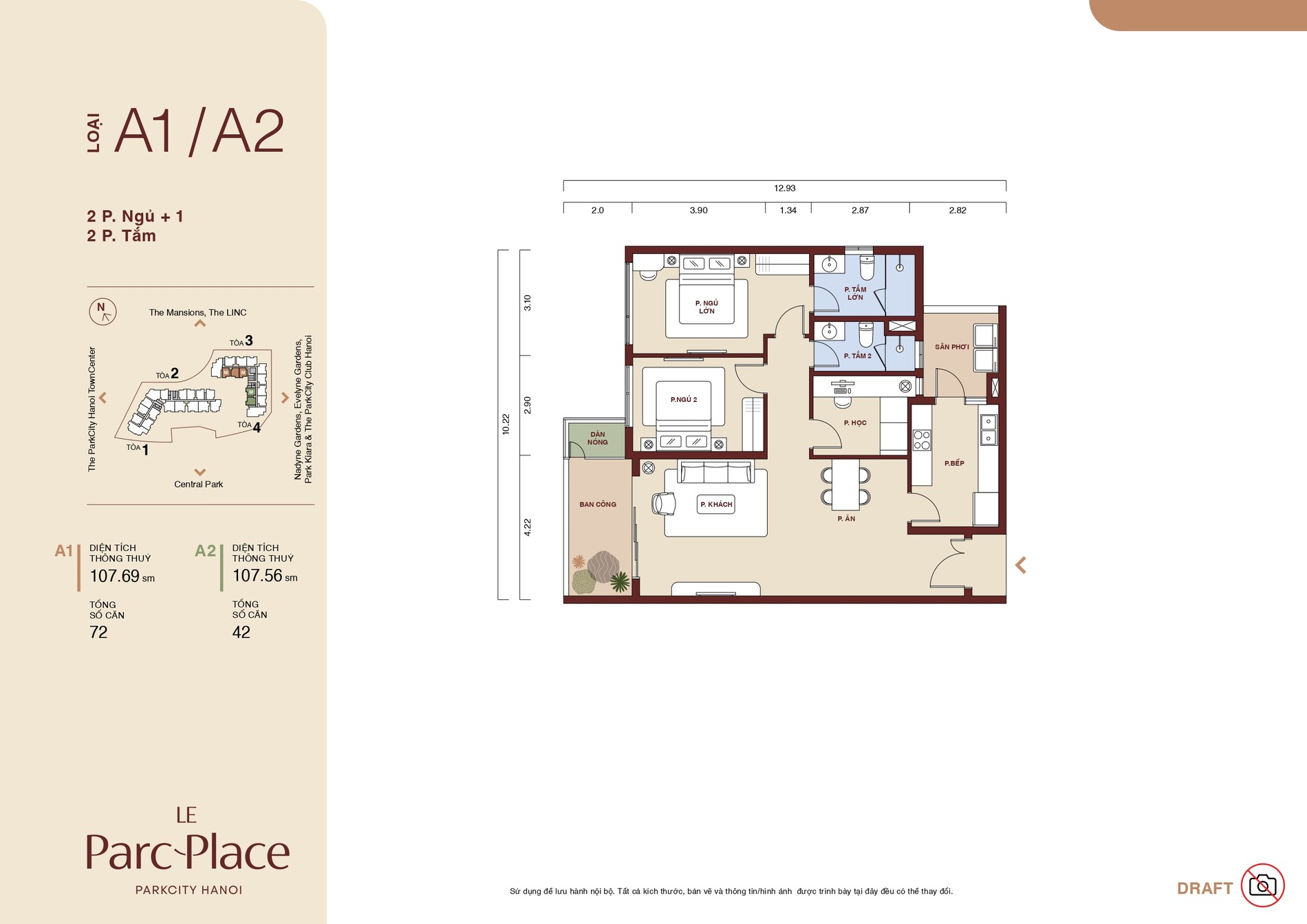 Mặt bằng căn hộ Loại A1/A2 Le Parc Place 2 phòng ngủ