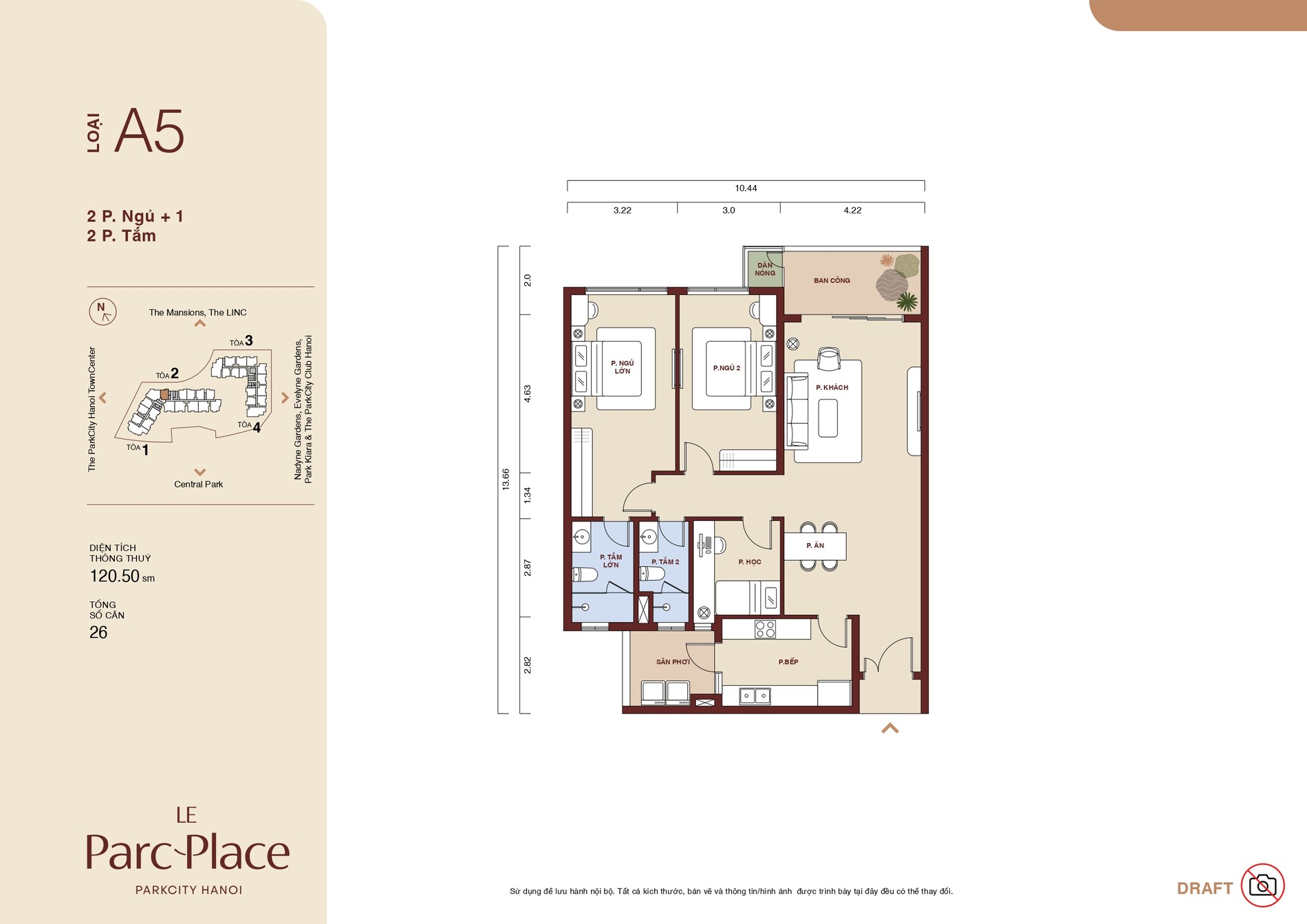 Mặt bằng căn hộ Loại A5 Le Parc Place 2 phòng ngủ