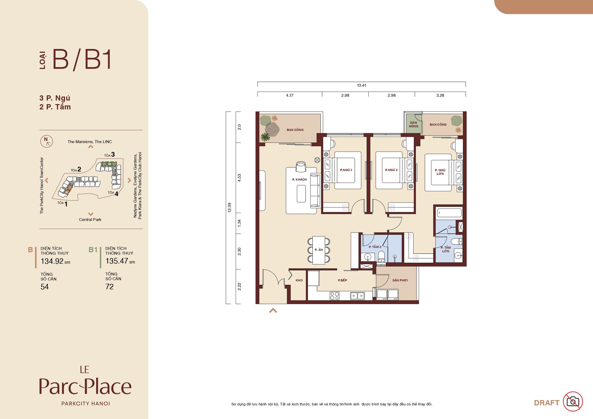 Mặt bằng căn hộ Loại B/B1 Le Parc Place 3 phòng ngủ