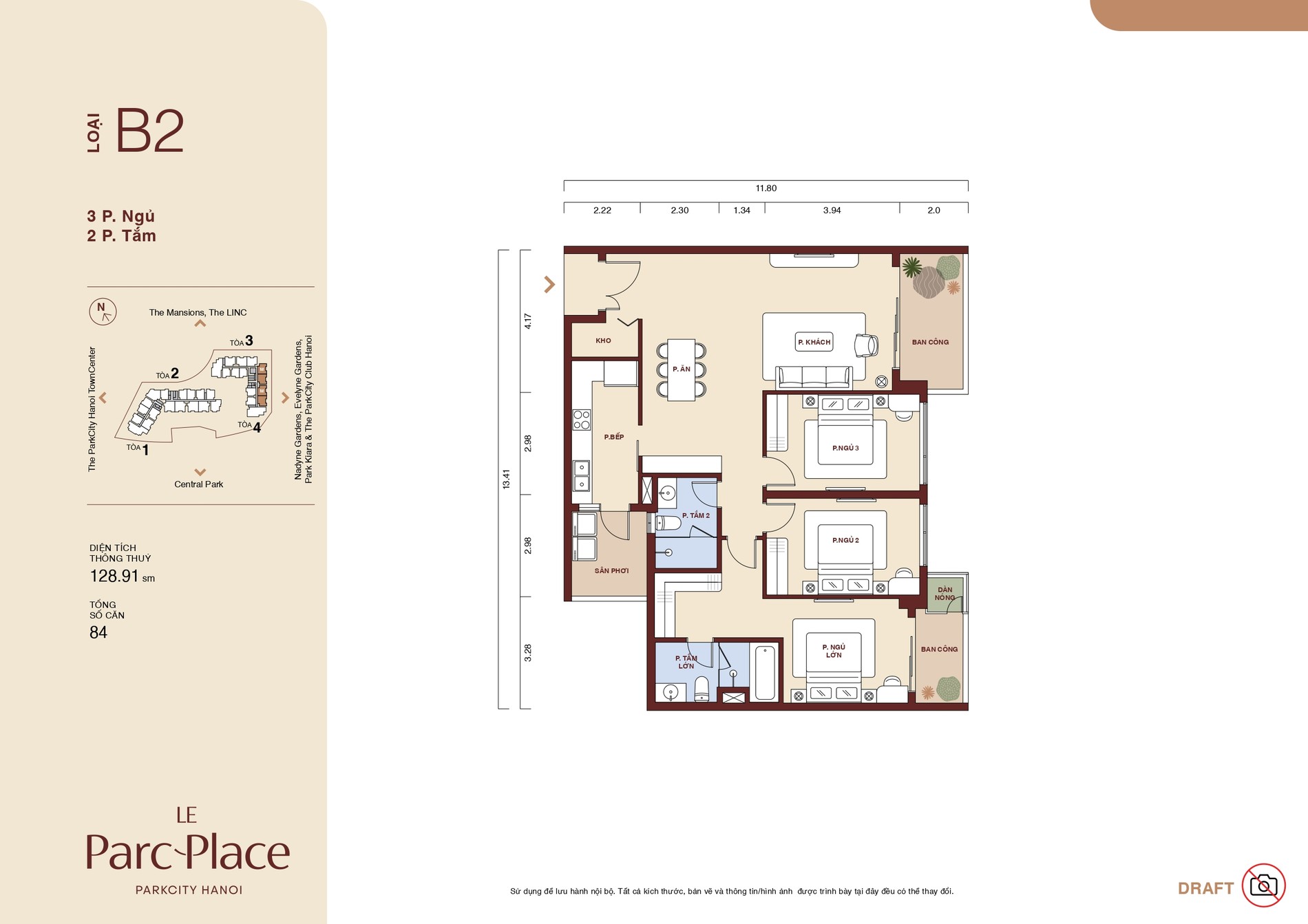 Mặt bằng căn hộ Loại B2 Le Parc Place 3 phòng ngủ