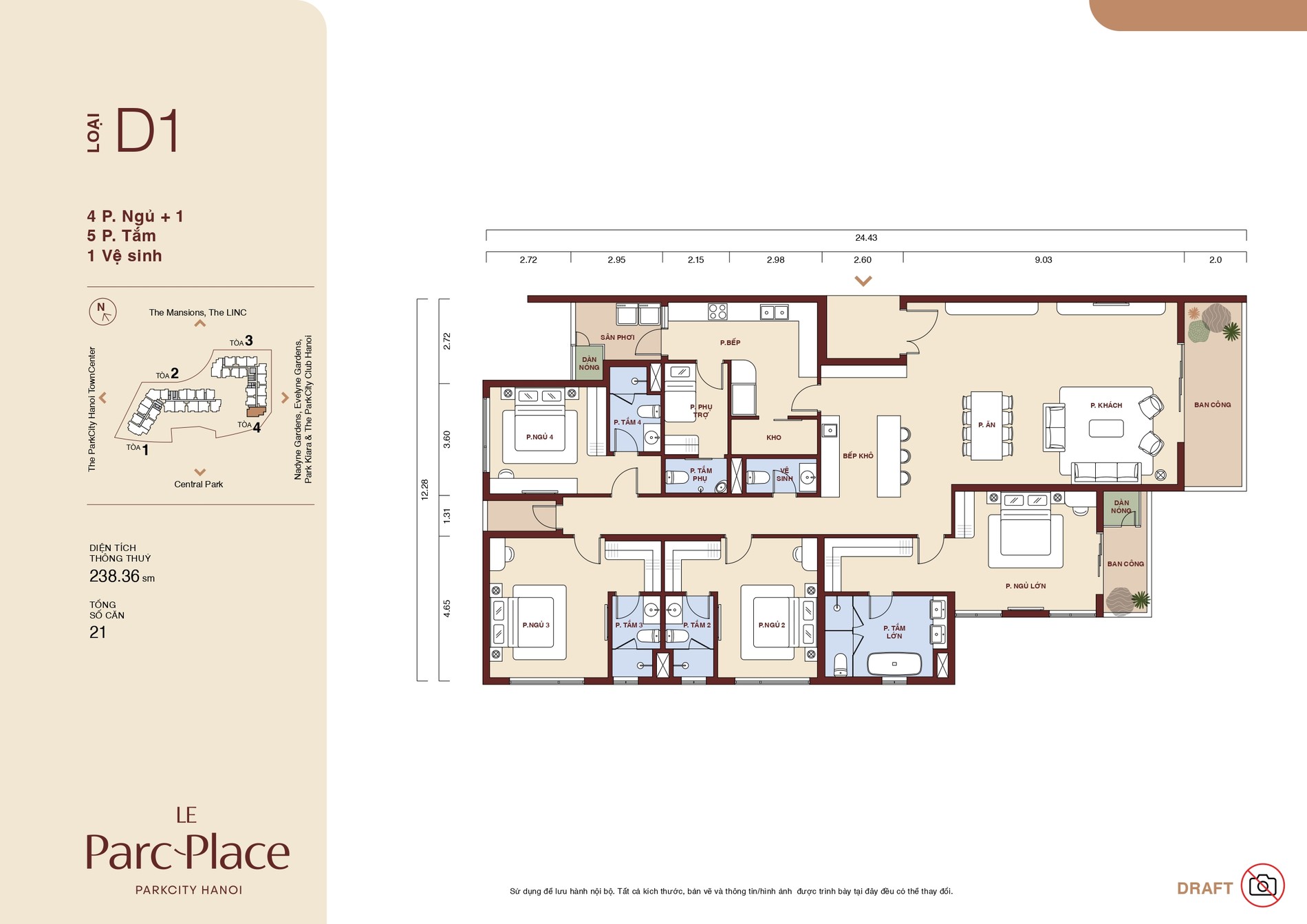 Mặt bằng căn hộ Loại D1 Le Parc Place 4 phòng ngủ