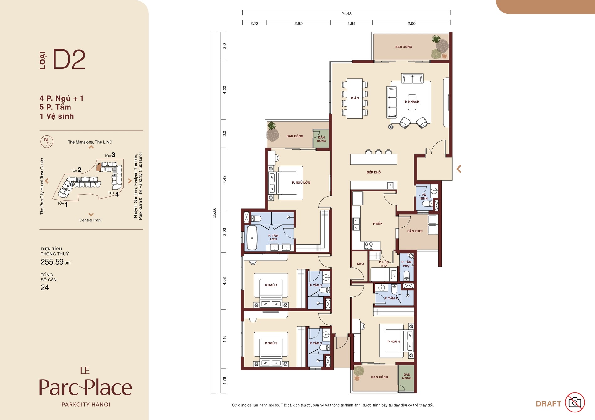 Mặt bằng căn hộ Loại D2 Le Parc Place 4 phòng ngủ