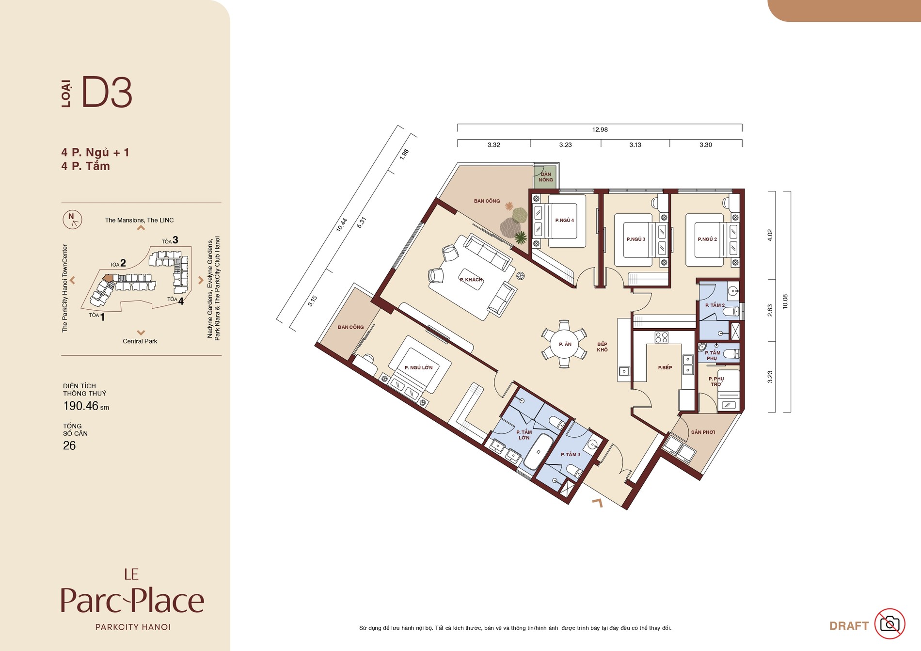 Mặt bằng căn hộ Loại D3 Le Parc Place 4 phòng ngủ