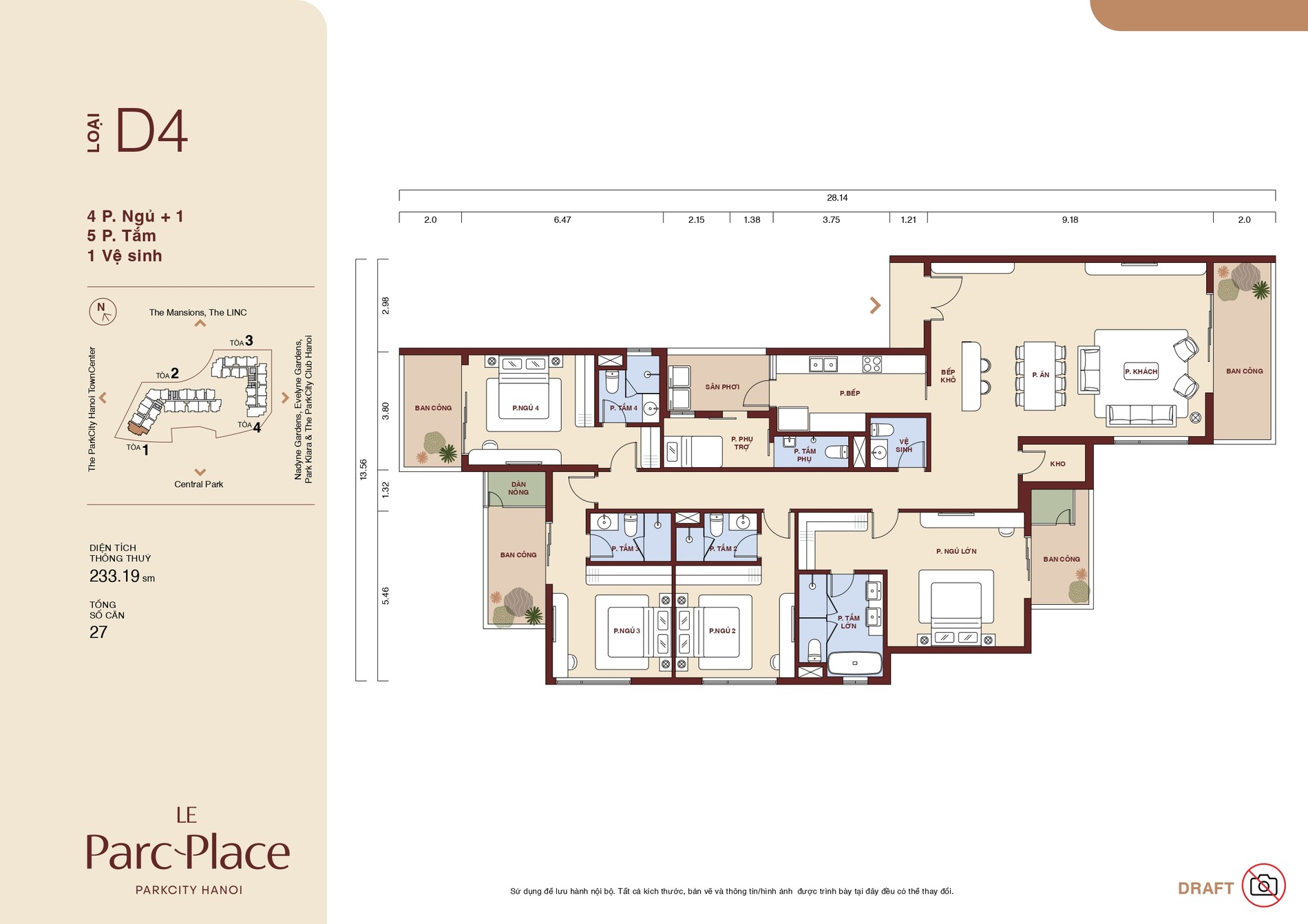 Mặt bằng căn hộ Loại D4 Le Parc Place 4 phòng ngủ