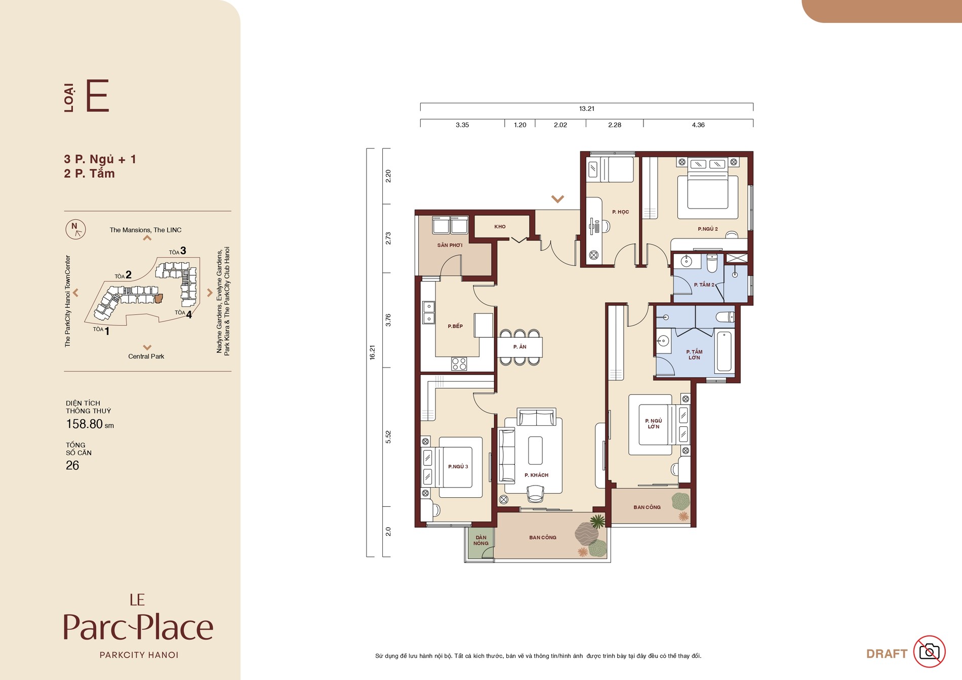 Mặt bằng căn hộ Loại E Le Parc Place 3 phòng ngủ