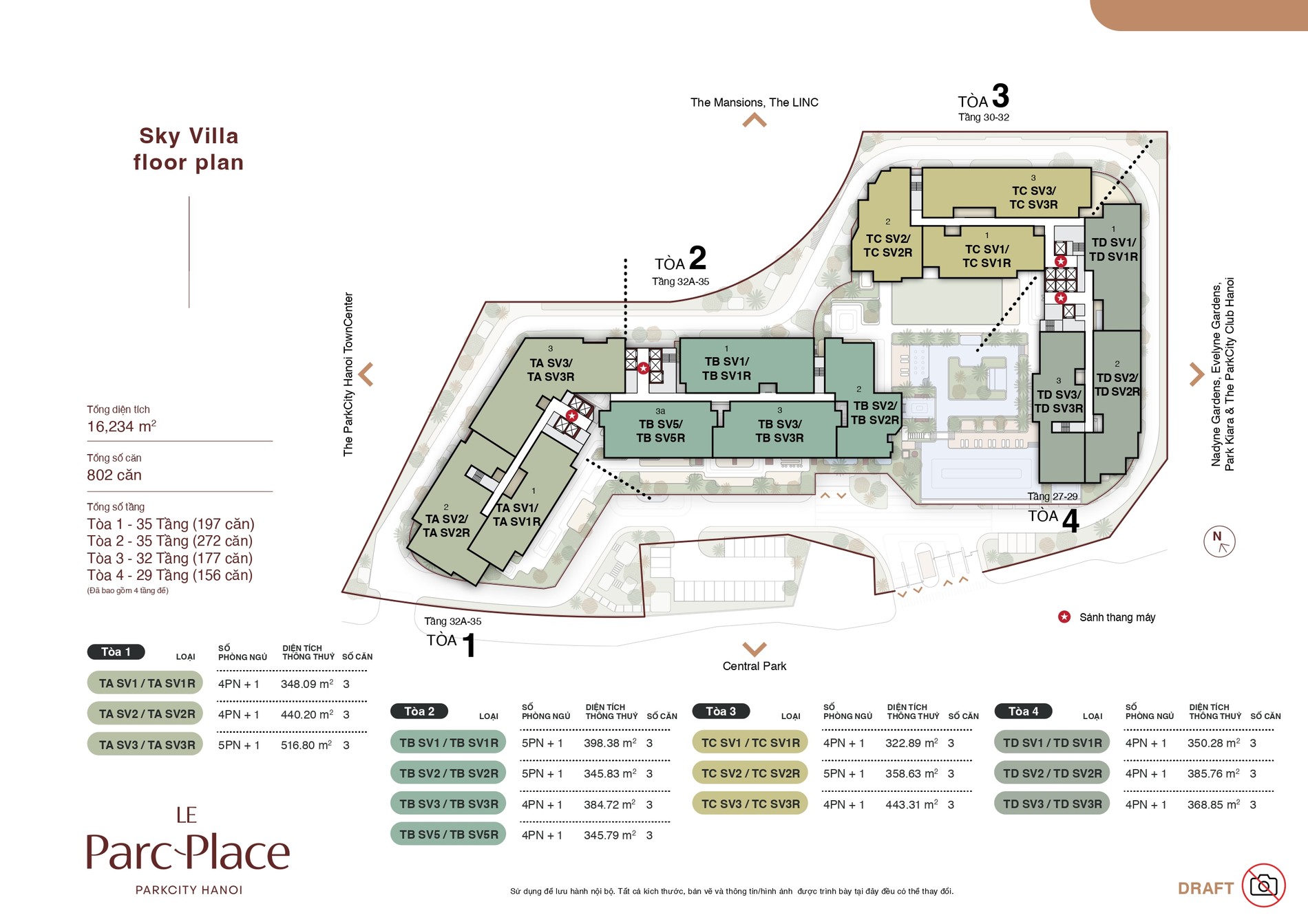 Mặt bằng bố trí Sky Villa toàn bộ bốn tòa tháp Le Parc Place
