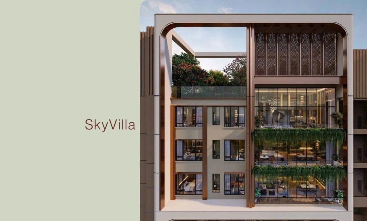 Phối cảnh mặt đứng Sky Villa với vườn cây và kính lớn