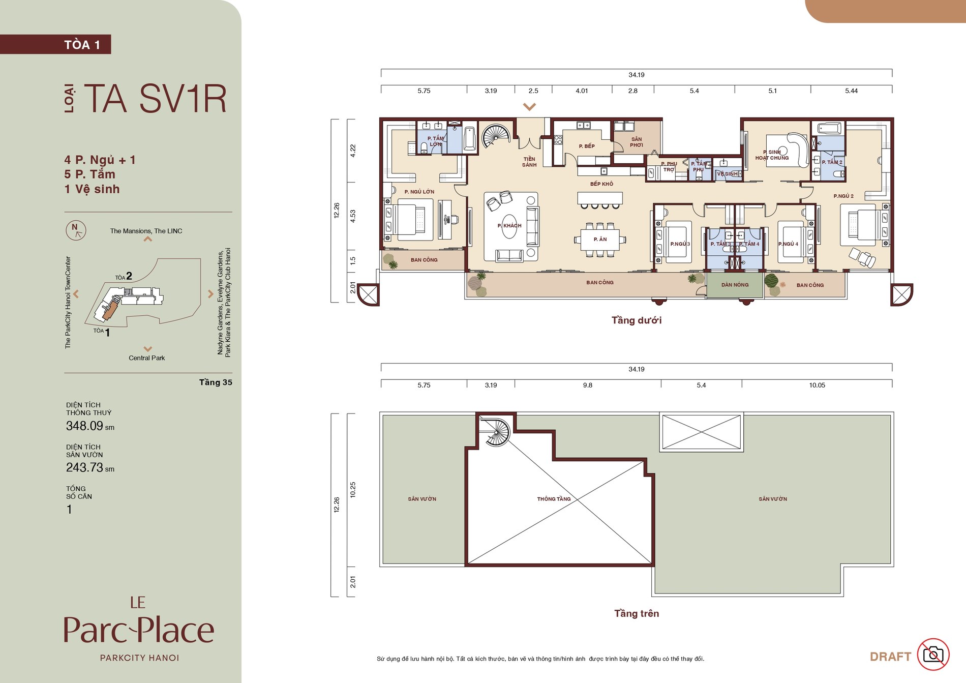 Mặt bằng Sky Villa TA SV1R — 4PN+1, 348,09m², có sân vườn thông tầng