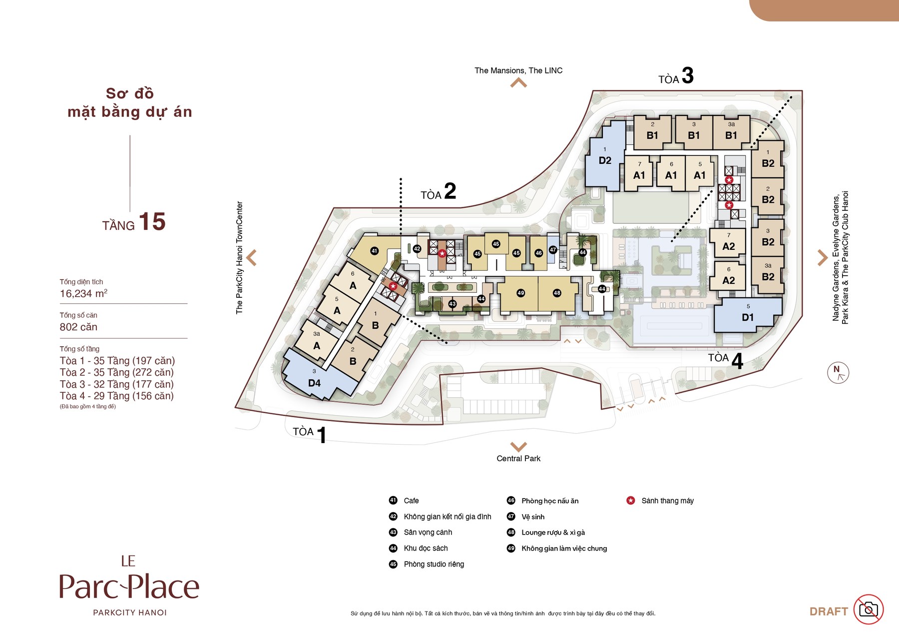 Sơ đồ mặt bằng Le Parc Place: 4 tòa, 802 căn, tổng diện tích 16.234 m²