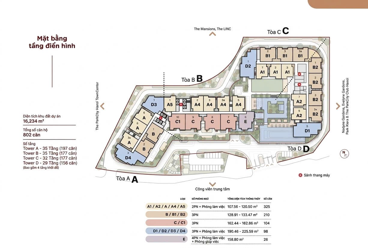Mặt bằng tầng điển hình Le Parc Place — bố trí các loại căn hộ A/B/C/D/E theo từng tòa